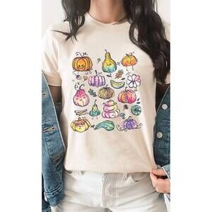 NEW GLITTERING SOUTH colorful pumpkin gourd fall graphic tee in ivory